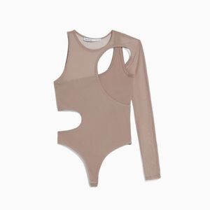 Bershka Long Sleeve Asymmetric Tulle Bodysuit